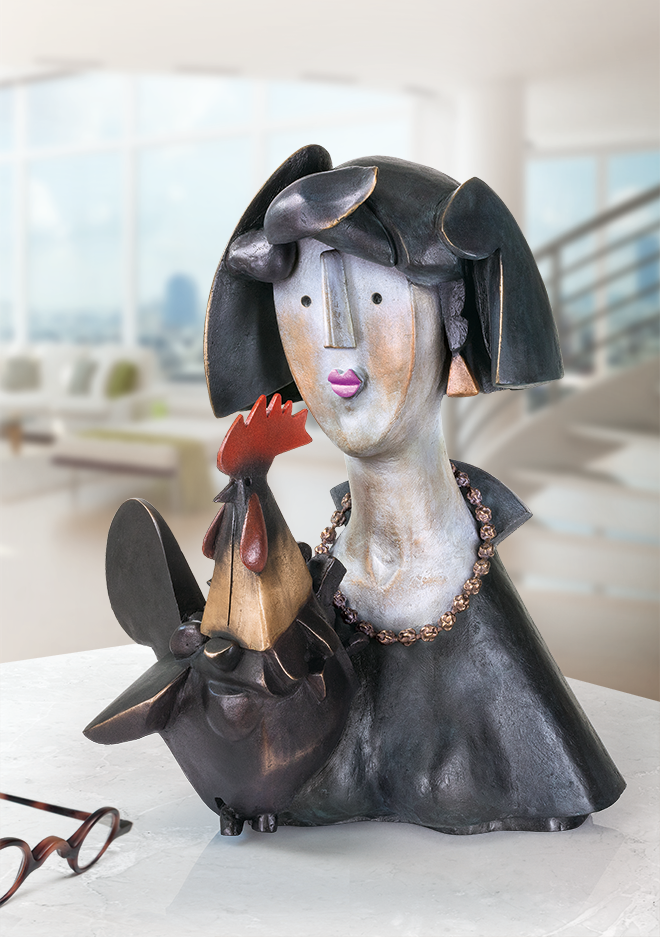 Bronzefigur Floo e il gallo von Rinaldo Bigi